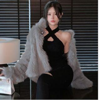 Halter-neck Keyhole Top / Fluffy Jacket