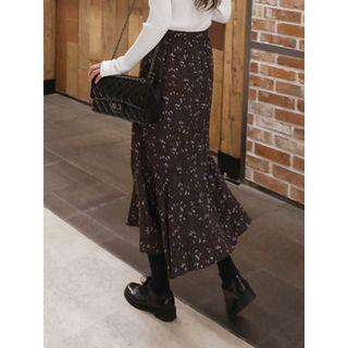Zip-side Foral Pattern Flare Skirt