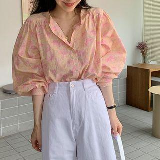3/4 Sleeve Floral Print Oversized Shirt As Shown In Figure - One Size