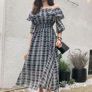 Off-shoulder Long Plaid Dress