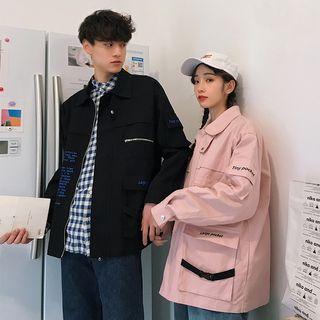 Couple Matching Lettering Zip Cargo Jacket