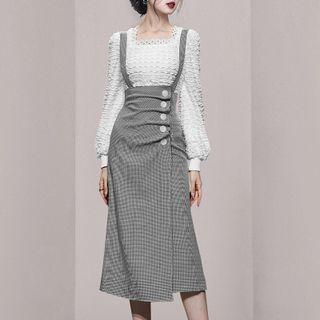 Set: Long Sleeve Blouse + Plaid Skirt