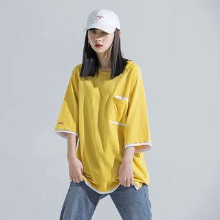 Mock Two-piece 3/4-sleeve Contrast-trim T-shirt