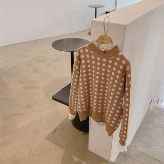 Frilled Polka-dot Sweater Beige - One Size