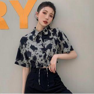 Short-sleeve Leopard Print Drawstring Shirt