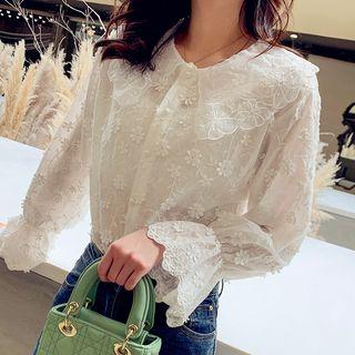 Long-sleeve Frill Trim Embroidered Flower Wide Collar Buttoned Top White - One Size