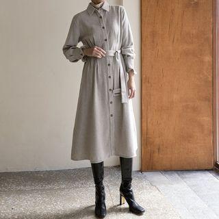Bell-cuff Long Shirtdress With Belt