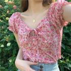 Short-sleeve Flower Print Blouse Pink - One Size