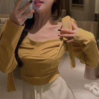 Long-sleeve Bow Top Mustard Yellow - One Size