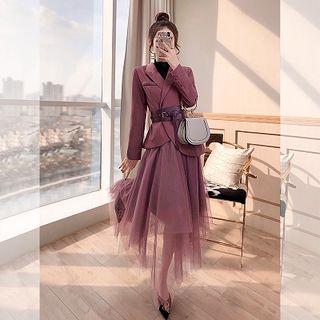 Set: Asymmetric Blazer + Ruffled Mesh A-line Midi Skirt