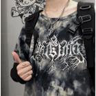 Lettering Tie-dye Elbow-sleeve T-shirt As Shown In Figure - One Size