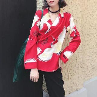 Crane Print Notch Lapel Shirt