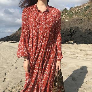 Chiffon Floral A-line Dress Red - One Size