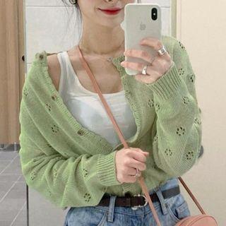 Long-sleeve Open Knit Cardigan Green - One Size
