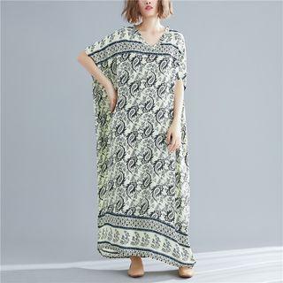 Patterned Short-sleeve Maxi Shift Dress As Shown In Figure - One Size