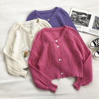Plain Single-breasted Crewneck Cable-knit Cardigan