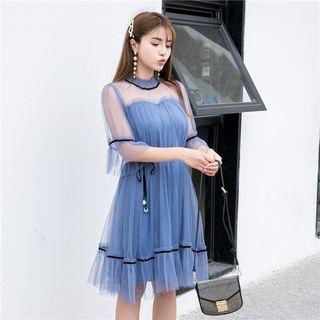 Mesh Elbow-sleeve A-line Dress