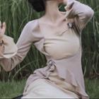 Mock Two-piece Long-sleeve Ruffled Midi Sheath Dress