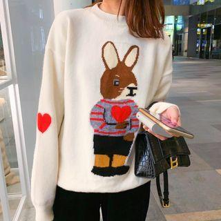 Rabbit Print Sweater Brown & Gray Rabbit - White - One Size