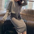 Set: Long-sleeve Striped Knit Top + Midi Skirt