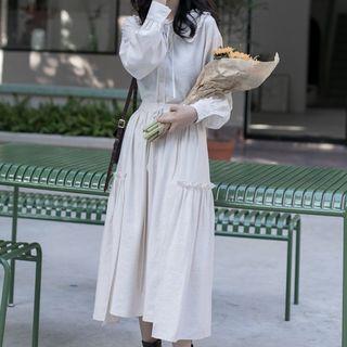 Set: Bow Detail Blouse + Midi A-line Skirt Light Almond - One Size