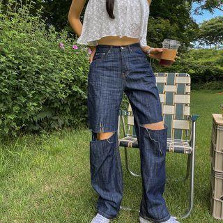 Slit-knee Stitched Wide-leg Jeans