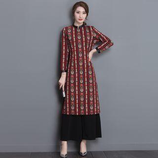 Set : Print Long-sleeve Dress + Wide Leg Pants