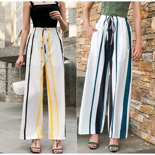Drawstring Striped Wide-leg Chiffon Pants