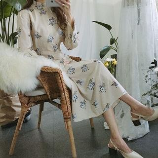 Frilled-neck Floral Print Midi Dress
