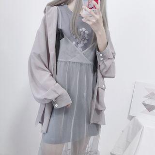 Printed Short-sleeve T-shirt Dress / Pocketed Shirt / Mesh Spaghetti Strap Dress / Mesh Suspender Dress