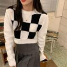 Round-neck Chessboard Knit Sweater Black & White - One Size