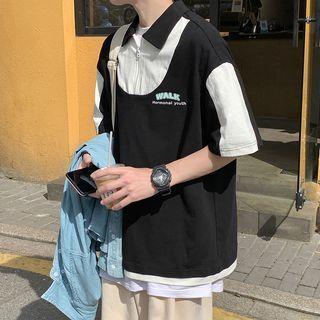 Elbow-sleeve Two Tone Half-zip Polo Shirt