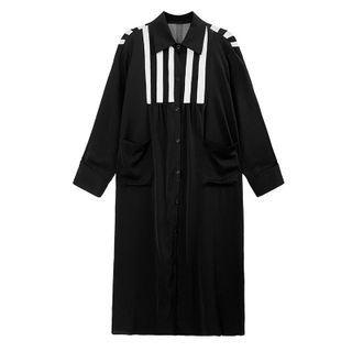 Striped Panel Midi A-line Shirt Dress Black - One Size