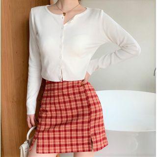 Plain Cropped Cardigan / Plaid Mini Pencil Skirt