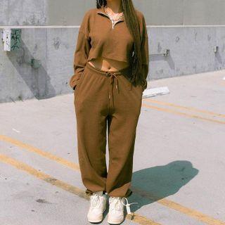 Set: Cropped Half-zip Sweatshirt + Wide Leg Sweatpants