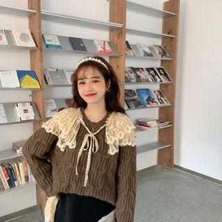 Crewneck Knit Lace Long-sleeve Sweater