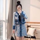 Set: Tassel Trim Printed Denim Jacket + A-line Skirt