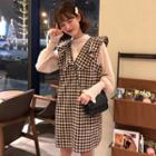 Chiffon Long-sleeve Top / Plaid Ruffle Trim Pinafore Dress