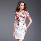 Short-sleeve Flower Magpie Sheath Dress