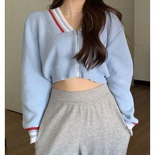 V-neck Contrast Trim Cropped Cardigan Blue - One Size