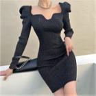Long-sleeve Square Neck Mini Sheath Knit Dress Black - One Size
