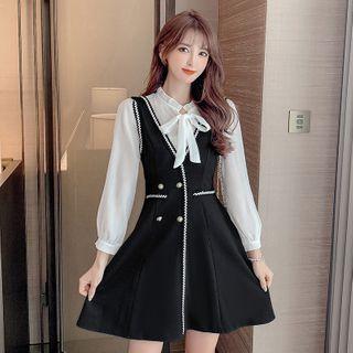Set: Bow Accent Blouse + Contrast Trim Mini Overall Dress