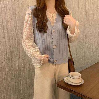 Bell-sleeve Plain Lace Top / Frill Trim Knit Vest