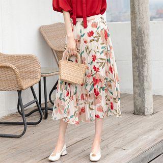Floral Pleated Chiffon A-line Midi Skirt