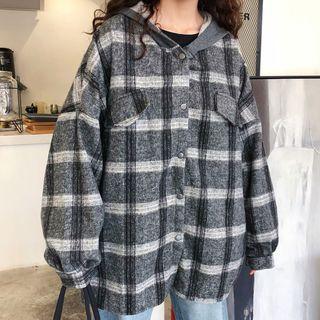 Hooded Plaid Jacket Dark Gray - One Size