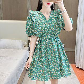 Puff-sleeve Floral Print Frill Trim Mini A-line Dress