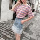 Set: Elbow-sleeve Striped T-shirt + Denim Mini A-line Skirt