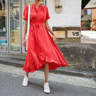 Frilled Linen Blend Long Surplice-wrap Dress