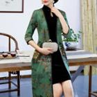 Set: Sleeveless Mini Cheongsam + Long Elbow-sleeve Print Coat