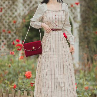 Set: Puff-sleeve Square-neck Plaid Midi A-line Dress + Slit Belt